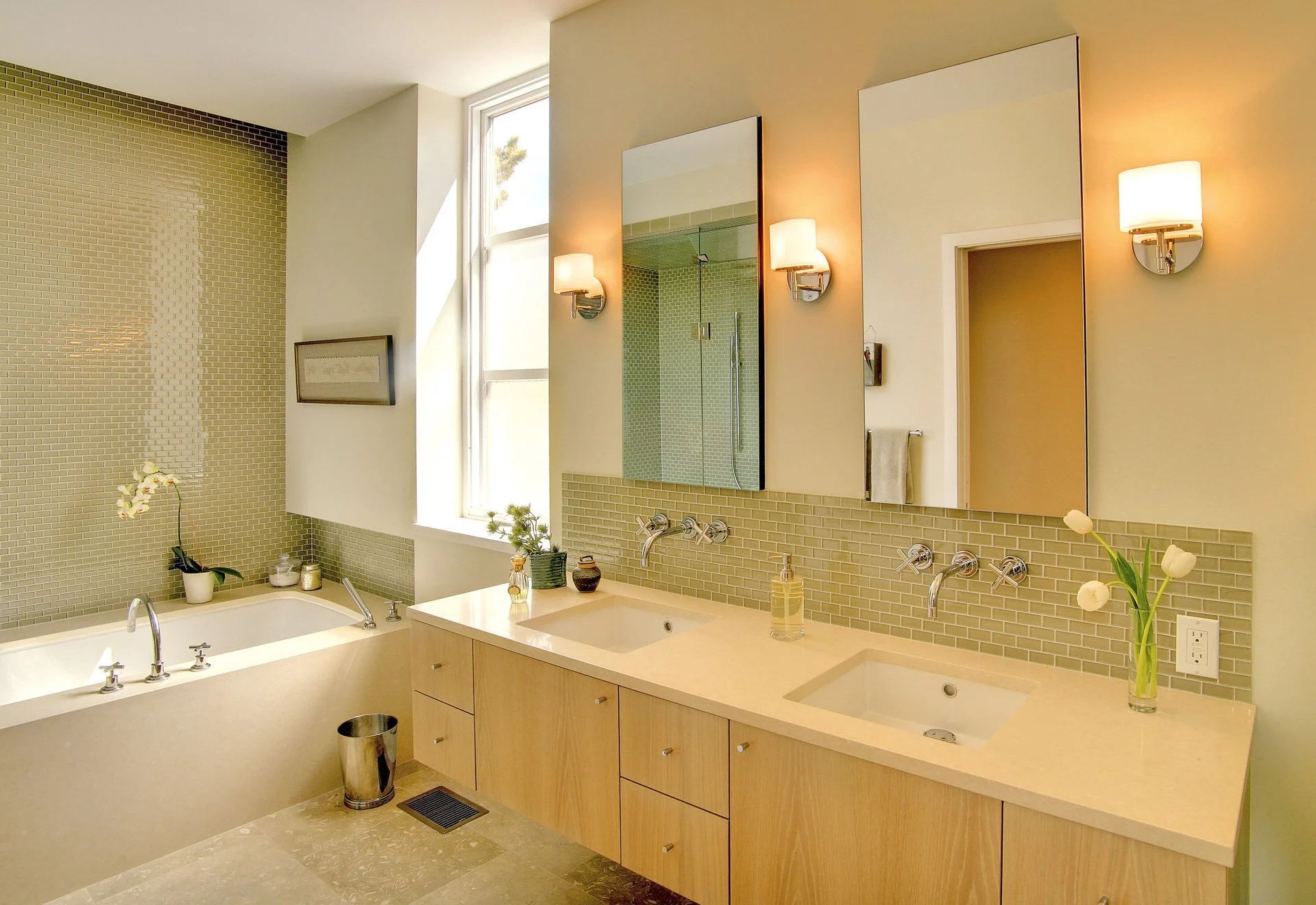 Custom bathroom wiring and sconce lighting installation, double vanity