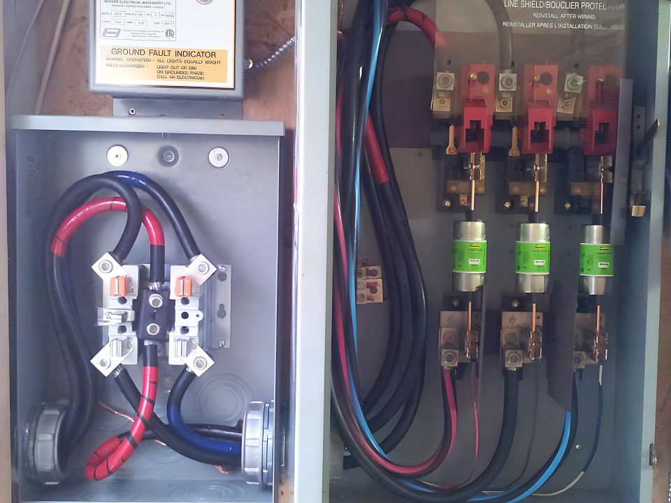 Close-up of an electrical service panel with wiring and ground fault indicator