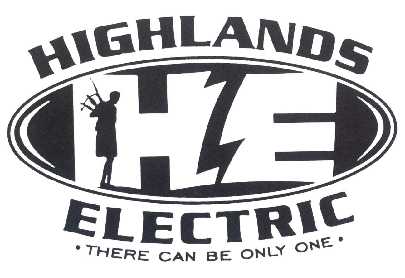 "Highlands Electric" logo with a silhouette of a man working on an electrical box.