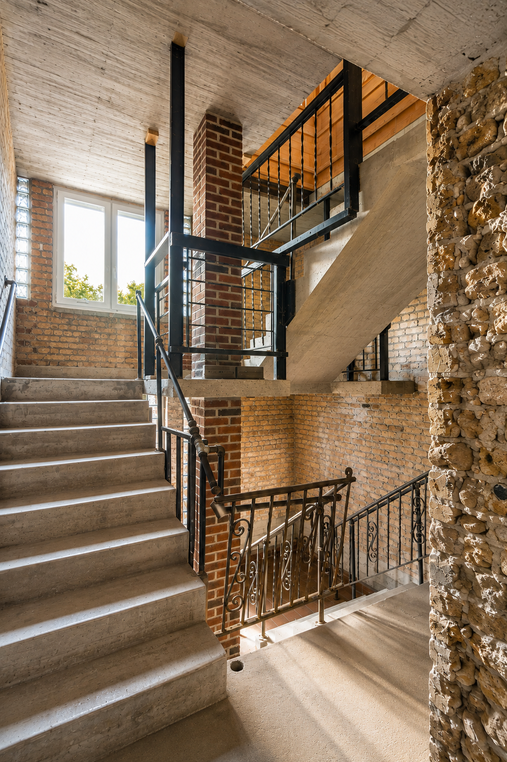 Industrial interior staircase with exposed brick, concrete and architectural details