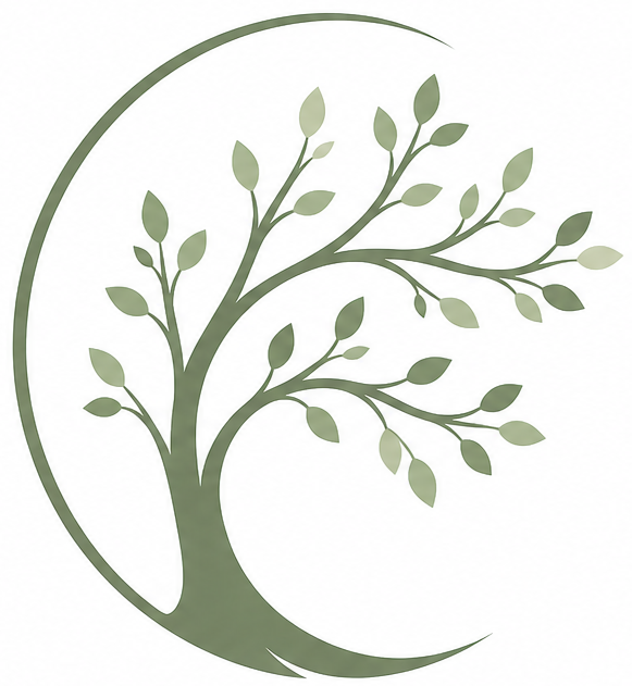 A stylized outline of a tree with green leaves inside a circular shape.