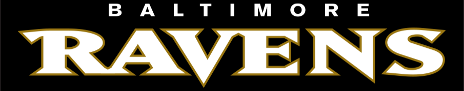 Baltimore Ravens logo with black background and white and gold text.