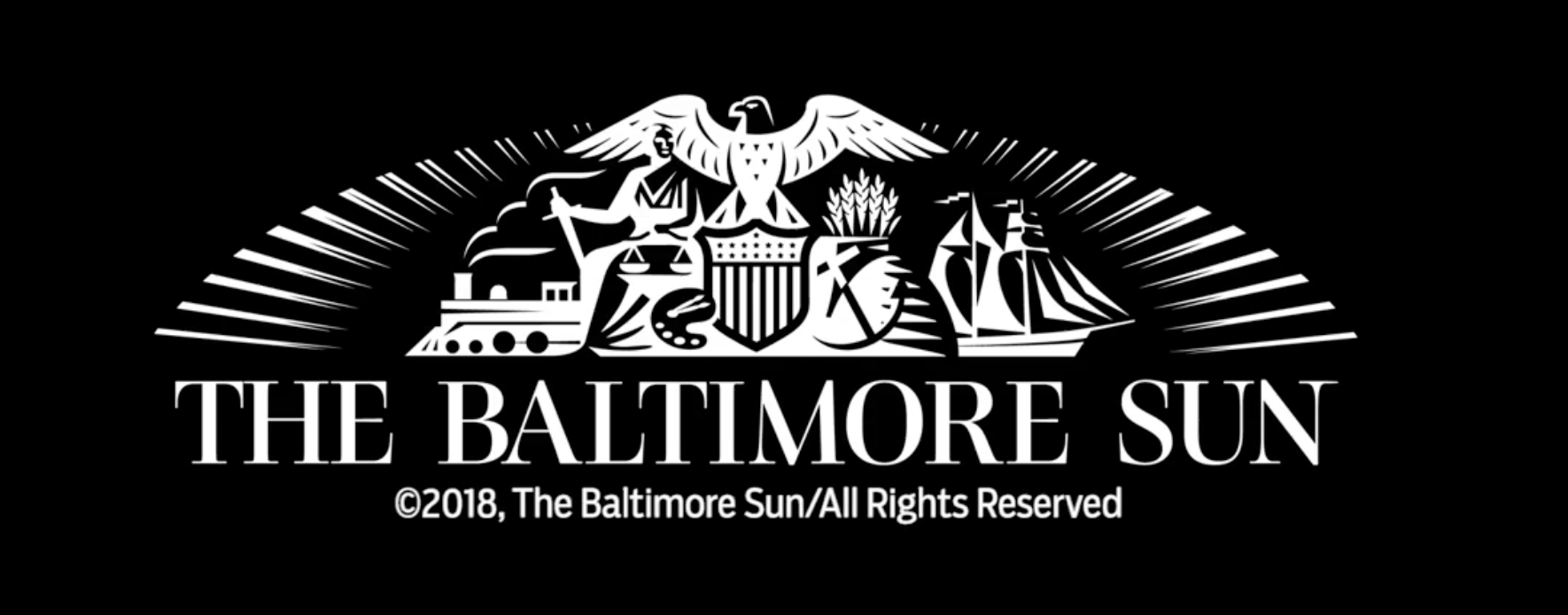 The Baltimore Sun logo featuring a black background with a white emblem of a eagle with outstretched wings, a person seated with a sword, a ship, a shield, a barn, and wheat, along with the text 'The Baltimore Sun'.