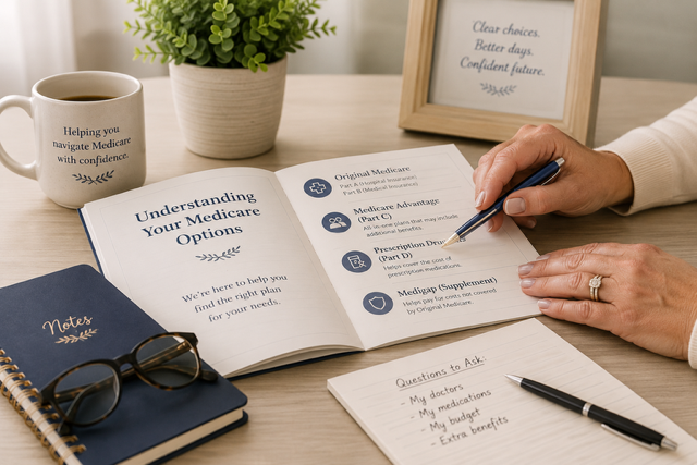Open booklet titled 'Understanding Your Medicare Options' on a desk, next to a notebook, glasses, and a pen. There is a cup of coffee with the words 'Helping you navigate Medicare with confidence' and a framed quote on a small easel that says 'Clear choices, better days, confident future.'