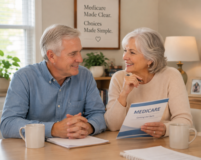 An elderly woman and a middle-aged man sitting at a table, discussing Medicare. The woman holds a brochure, and there's a framed sign on the wall behind them that says 'Medicare Made Clear. Choices Made Simple.'