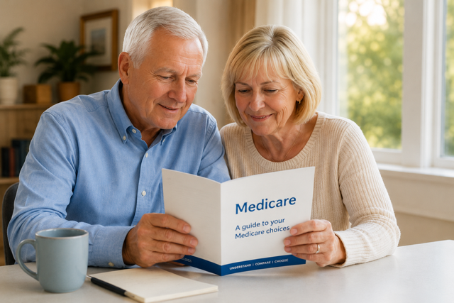 An elderly man and woman sitting at a table looking at a Medicare brochure together.