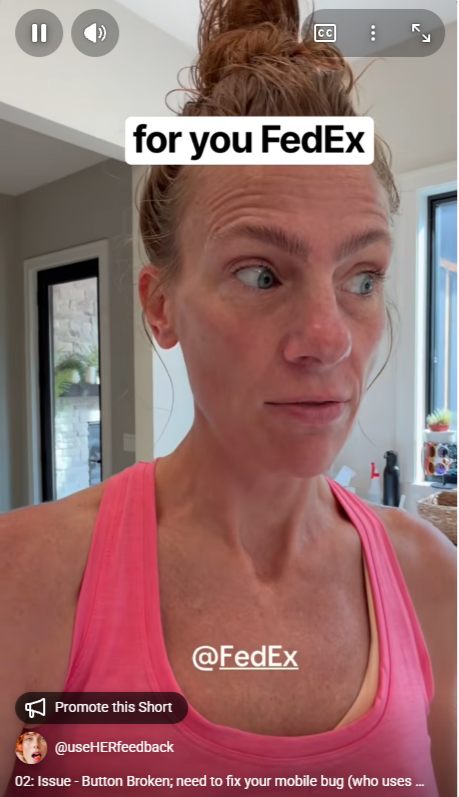 A woman with red hair tied up, wearing a pink tank top, looking to the side in a home kitchen. Text on the image says 'for you FedEx' and '@FedEx'.