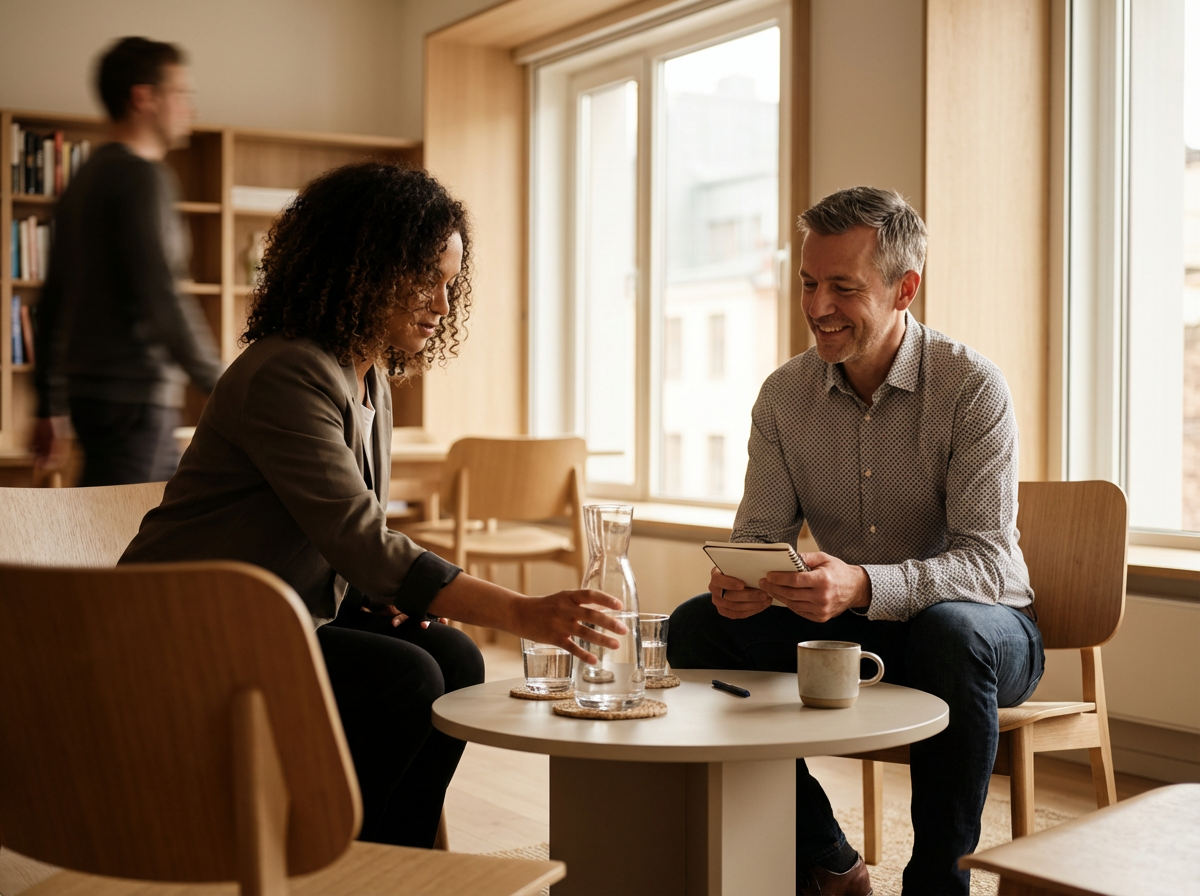 Two people sitting at a small round table in a bright room, engaging in conversation. One person is a woman with curly hair reaching for a water pitcher, the other is a man with short hair holding a tablet and smiling. A third person is in the background walking past a bookshelf. They are enjoying coffee and water, with glasses, a mug, and a pen on the table.