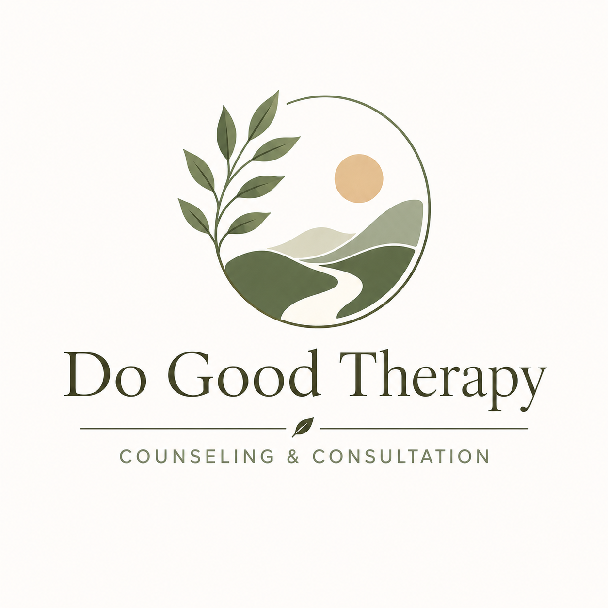 Logo for Do Good Therapy, featuring a stylized landscape with a winding river, mountains, a sun, and leaves, along with text that reads 'Do Good Therapy' and 'Counseling & Consultation'.