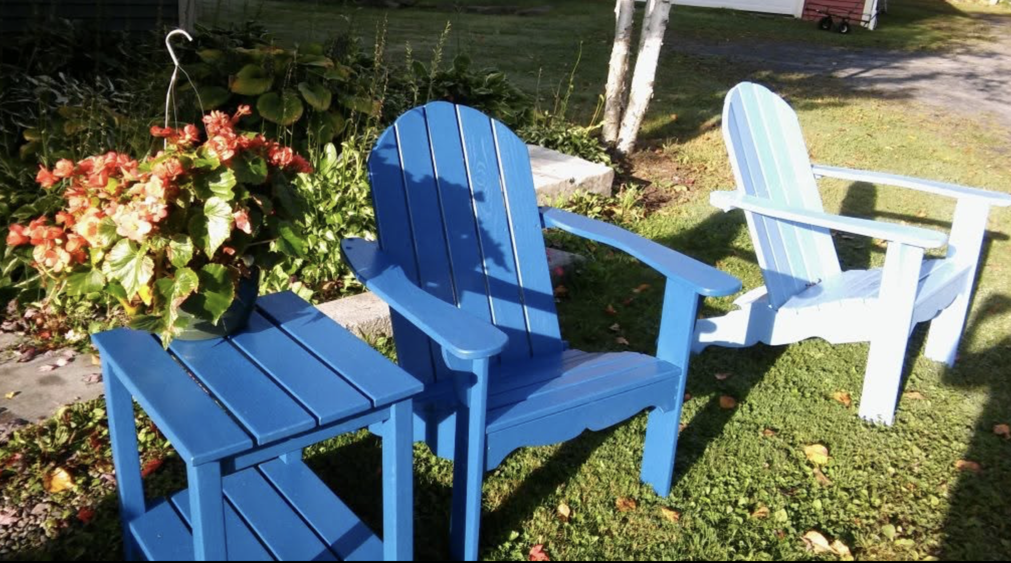 Two Adirondack chairs, one blue and one light blue, and a matching blue table, are placed on grass near a flower bed with pink and green plants. In the background, there are trees, a gravel pathway, and a red farm trailer.