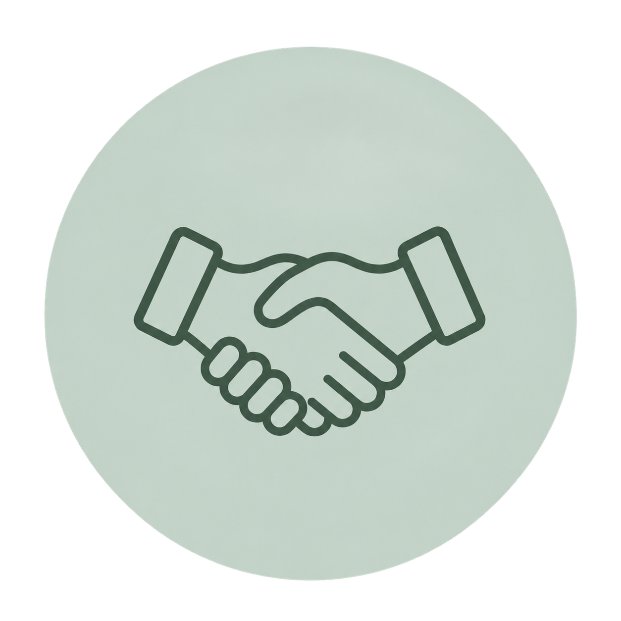 Outline of a handshake icon on a light green background.