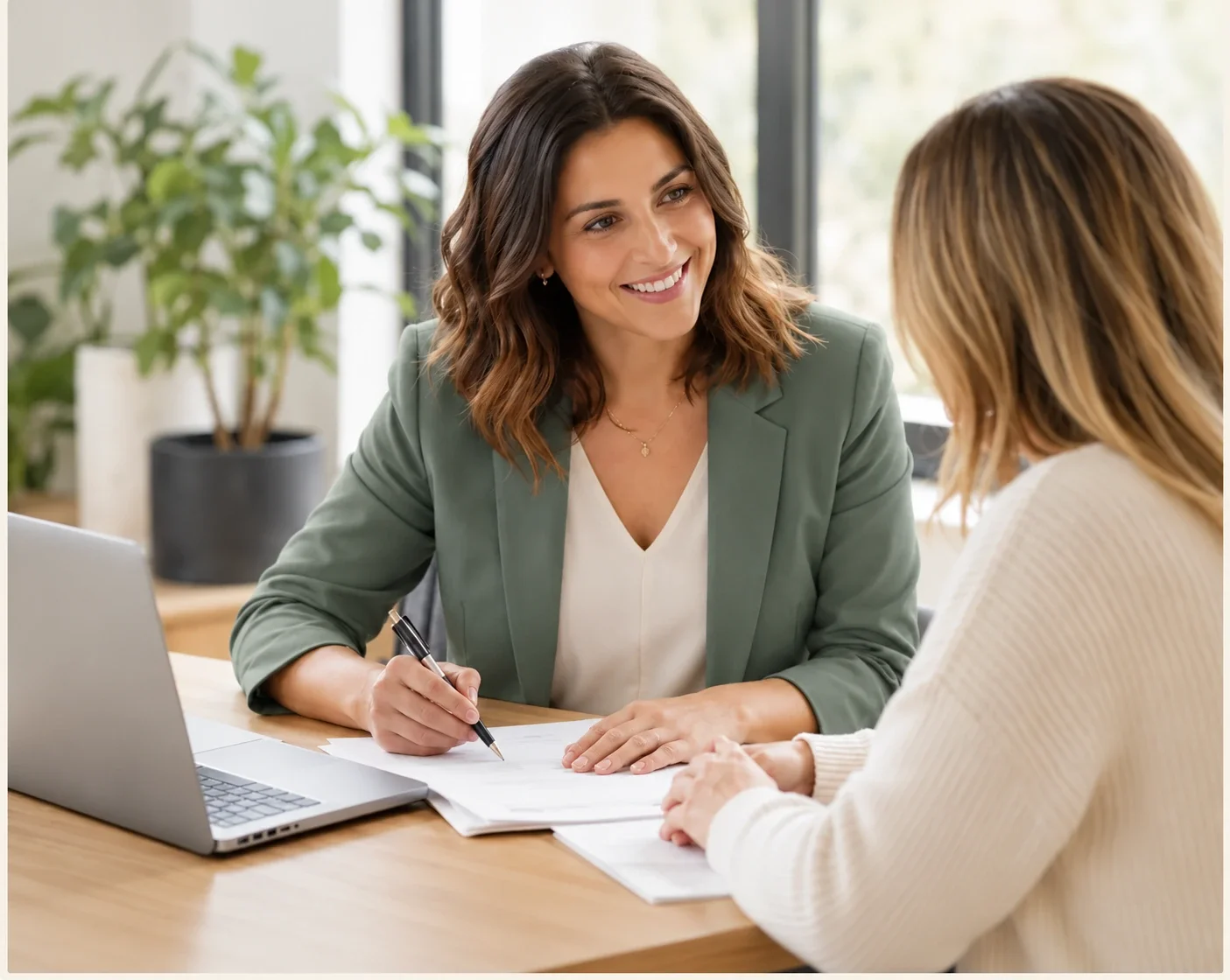 Two women having a discussion at a desk in a bright office. One woman is smiling and holding a pen, the other is listening. There is a laptop, papers, and a potted plant in the background.
