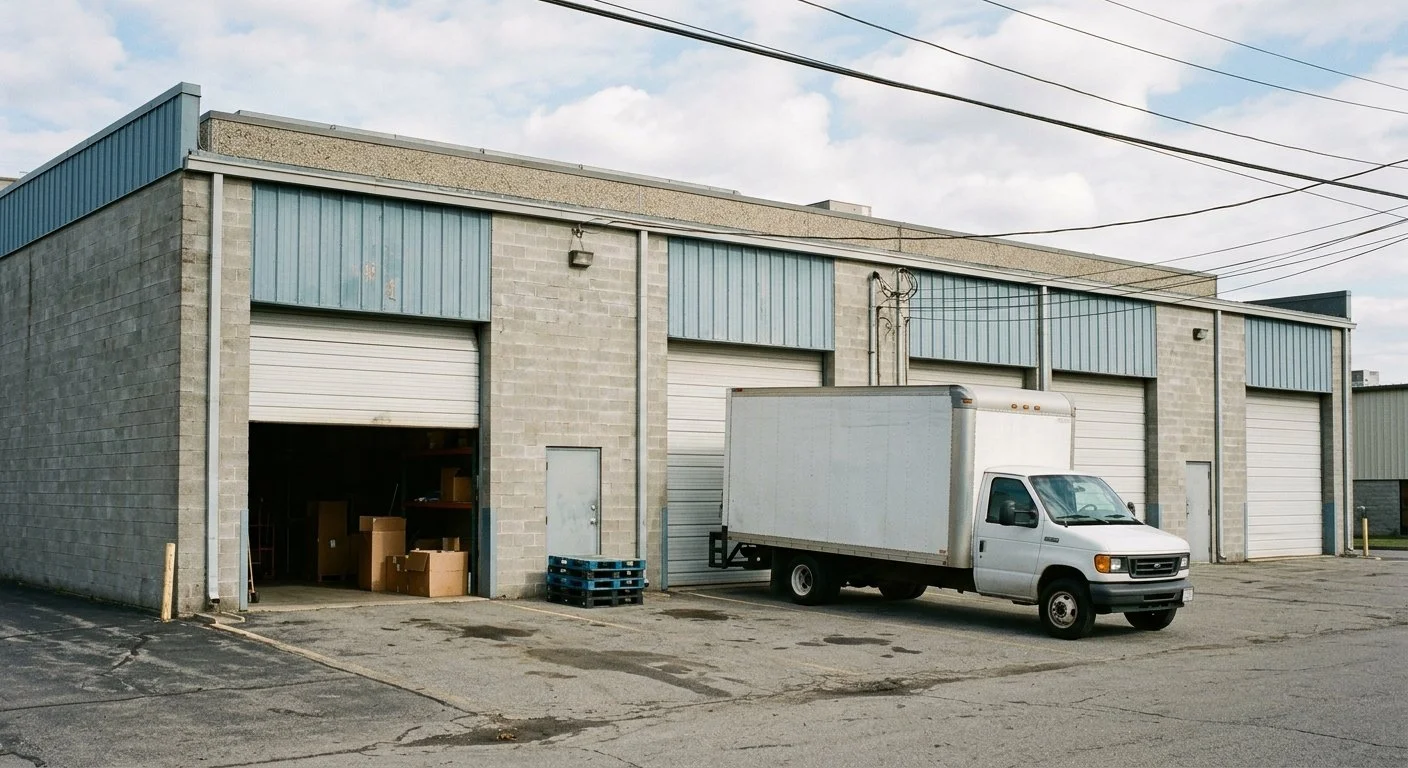 A warehouse with four large closed garage doors, one of which is open showing boxes or packages inside. A white delivery truck is parked in front of the warehouse. The ground is paved with some cracks and stains, and there are power lines in the sky.