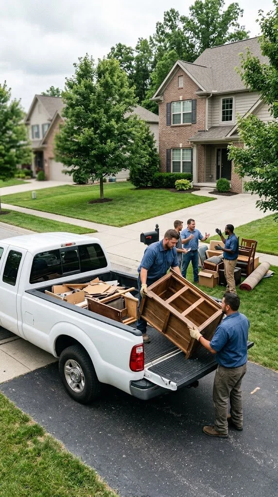 Group of people unloading furniture from a white pickup truck in a residential neighborhood with well-kept lawns and large trees.