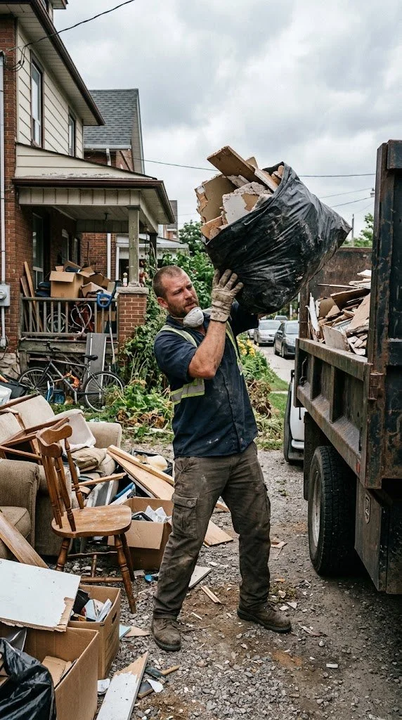 Man wearing gloves and ear protection, lifting a large black trash bag filled with debris, surrounded by discarded furniture and boxes, next to a dump truck on a residential street with houses and cars in the background.