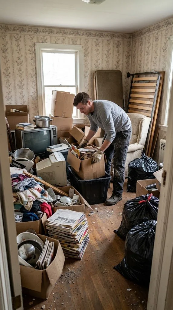 Man packing moving boxes in cluttered room filled with household items and garbage bags.