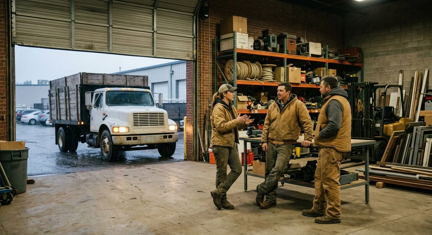 Three people wearing brown work jackets and pants are standing and talking inside a warehouse. There are shelves with equipment and materials behind them, a yellow forklift to the side, and an open garage door showing a parked truck outside.