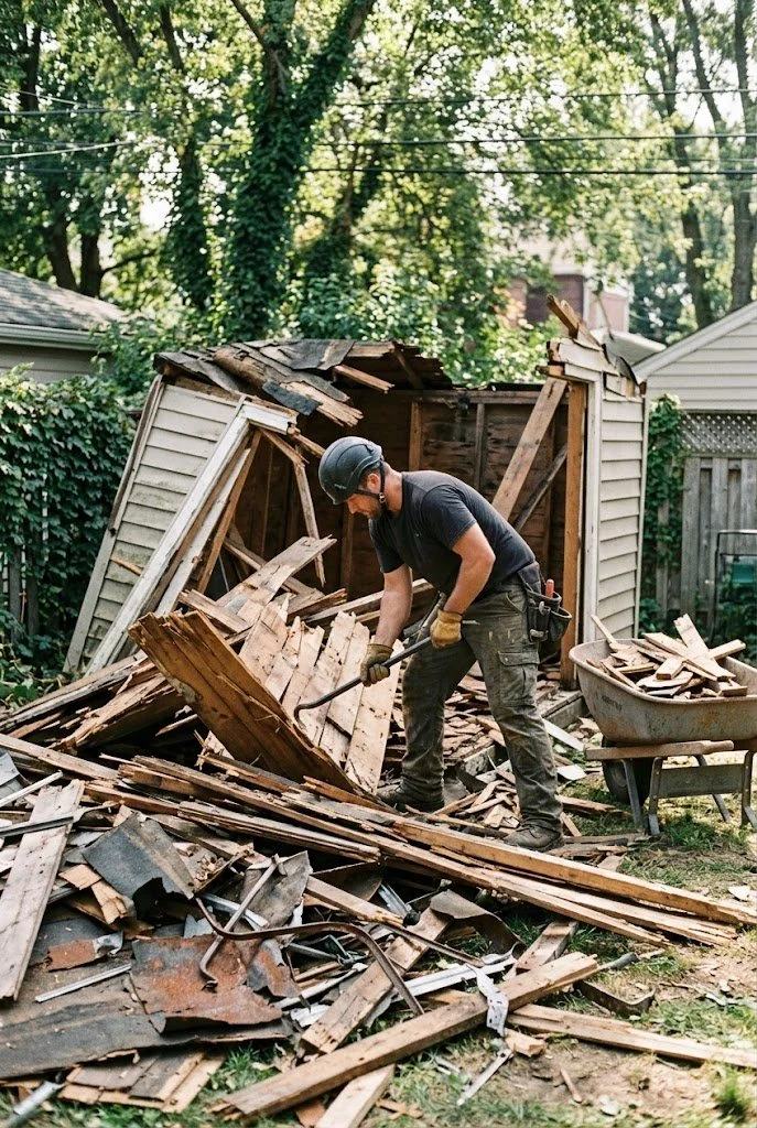 A man wearing a helmet, black t-shirt, and gloves demolishing a small, damaged shed with a crowbar in a backyard surrounded by trees and other houses.