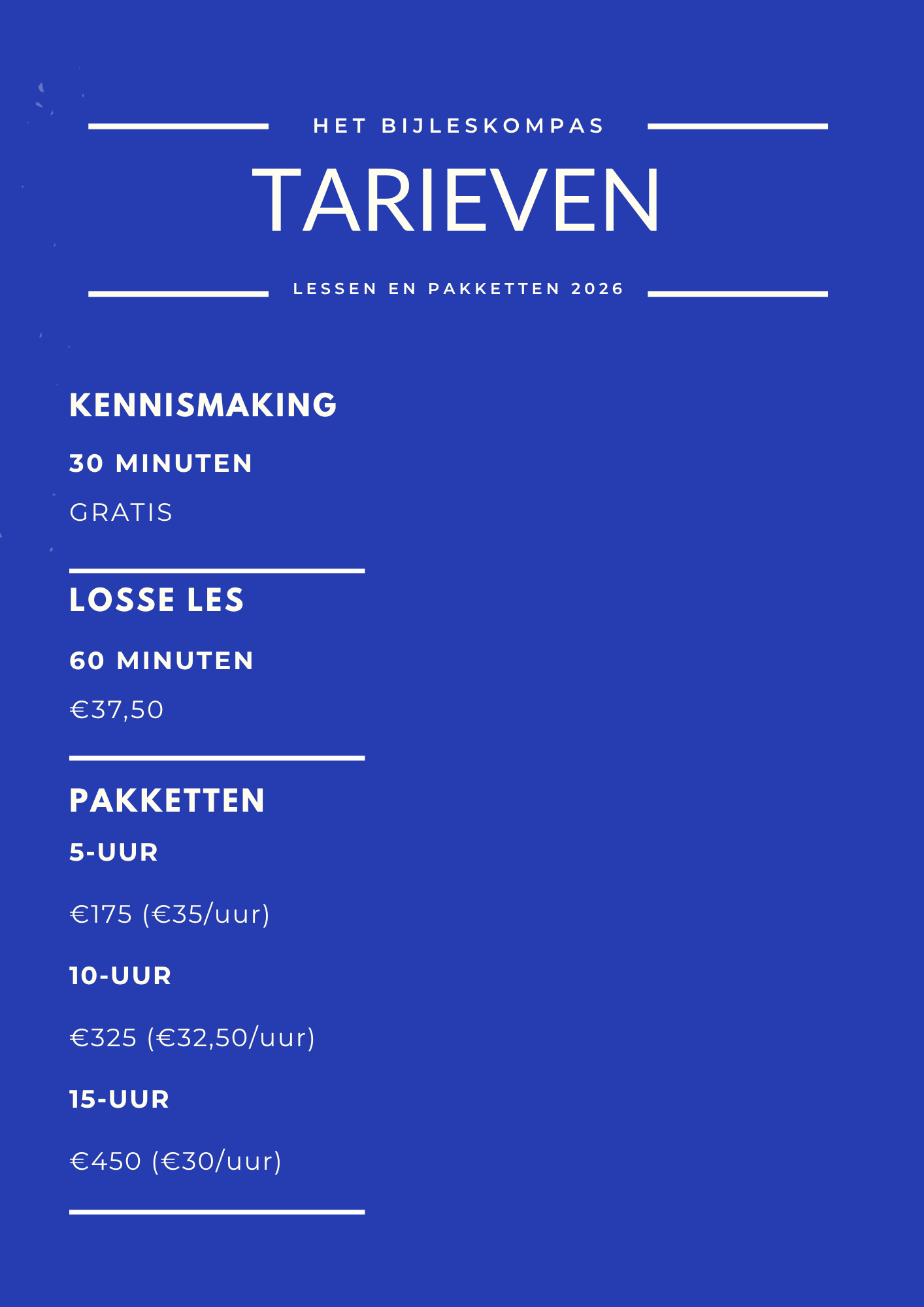 Informatiediagram over tarieven voor een cursus, inclusief lesduur, prijzen en pakketten in het Nederlands.