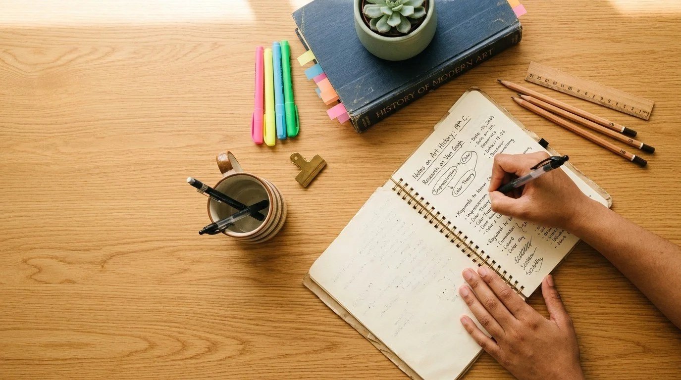 Persoon schrijft in een notitieboekje op een houten tafel, omringd door boeken, gekleurde markers, potlood, liniaal en een cactusplant.