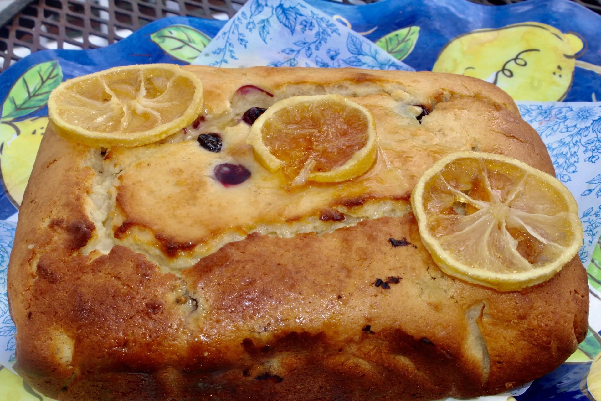 A close-up of a lemon honey cake fresh baked
