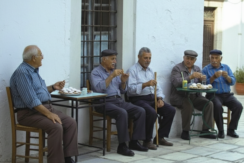 Five elderly men sitting outdoors against a white wall, eating cookies and snacks, with two tables holding food.