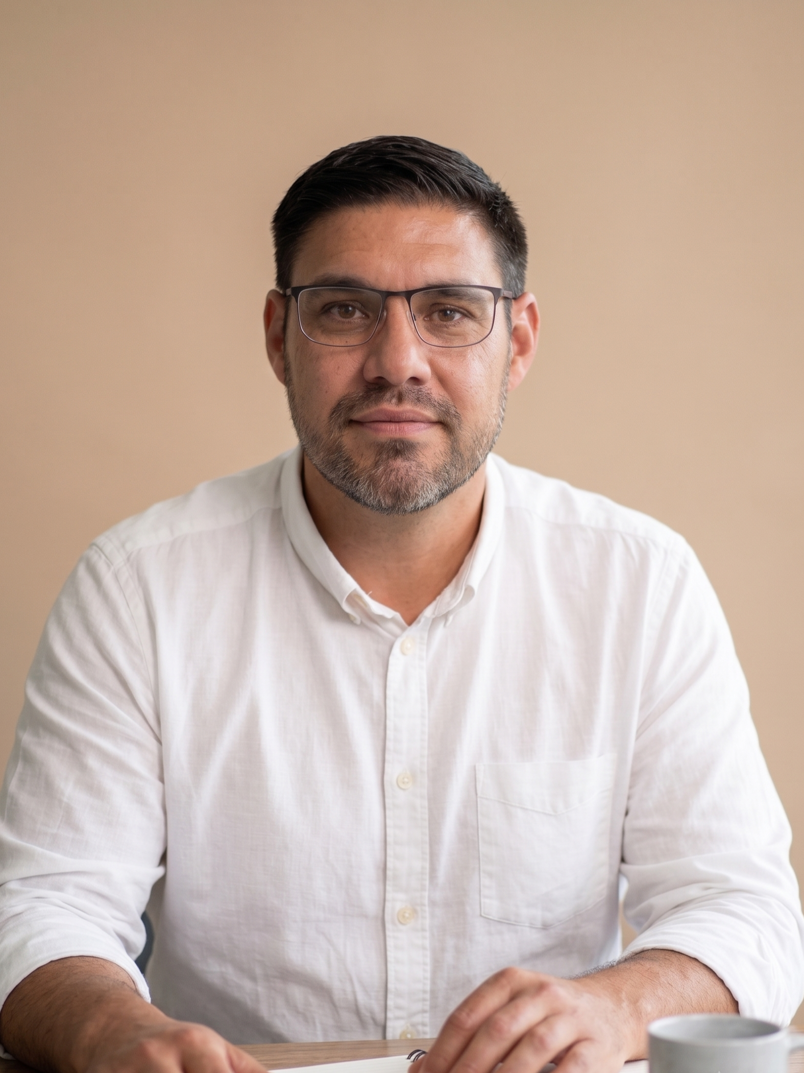 A man with glasses and a beard sitting at a table, wearing a white shirt, with a beige background.