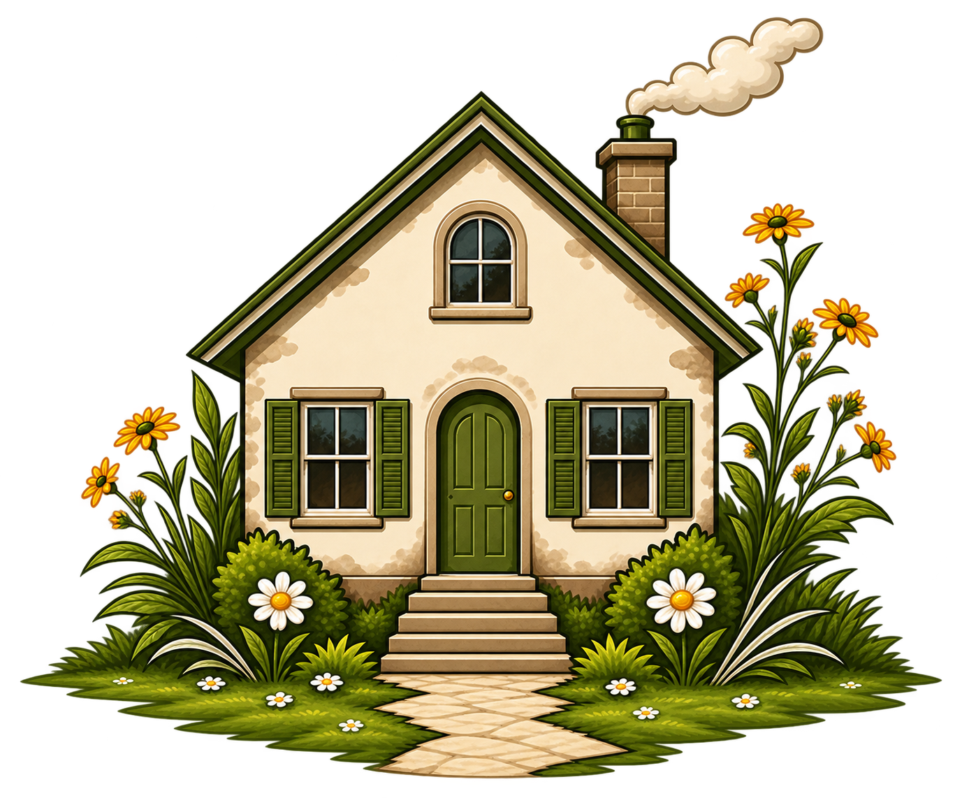 Illustration of a cozy house with white walls, green shutters, a green front door, and a chimney with smoke, surrounded by vibrant flowers and bushes.