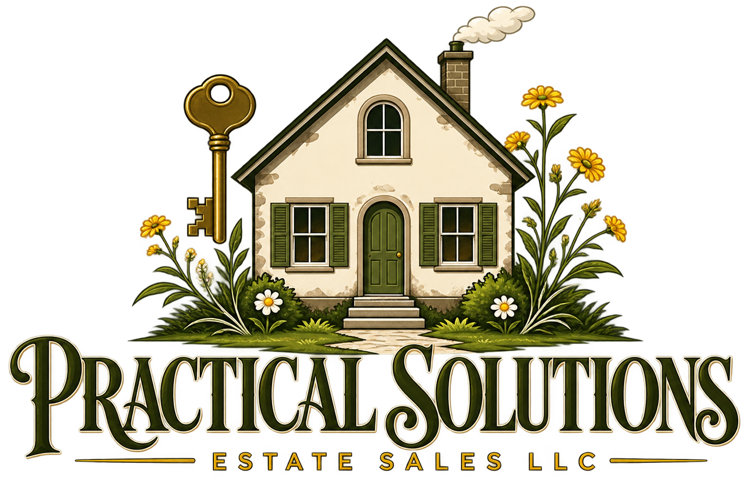 A logo for Practical Solutions Estate Sales LLC featuring a house with green shutters, chimney emitting smoke, surrounded by yellow and white flowers, with a large gold key to the left of the house.