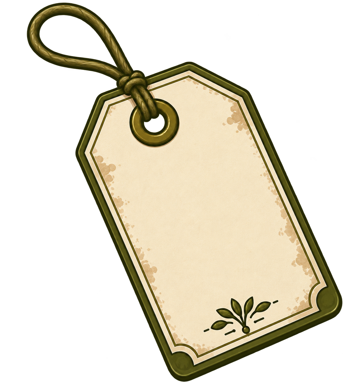 A vintage-style blank price or gift tag with a brown rope attached at the top and a small green plant illustration at the bottom.