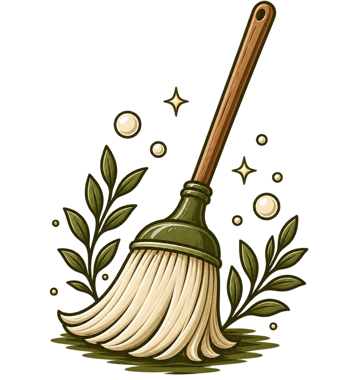 A broom with a green handle and beige bristles, surrounded by green leaves and bubbles, with sparkles in the background.