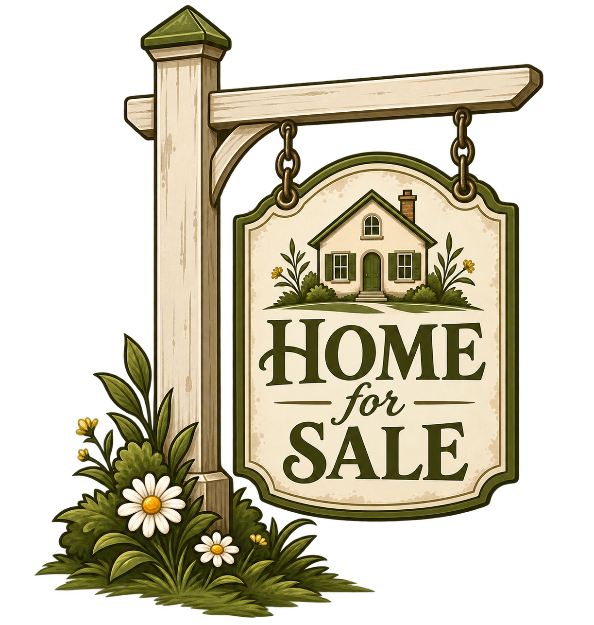A decorative wooden sign hanging from a wooden post with flowers at its base, advertising a house for sale, featuring a house illustration and the text "Home for Sale."