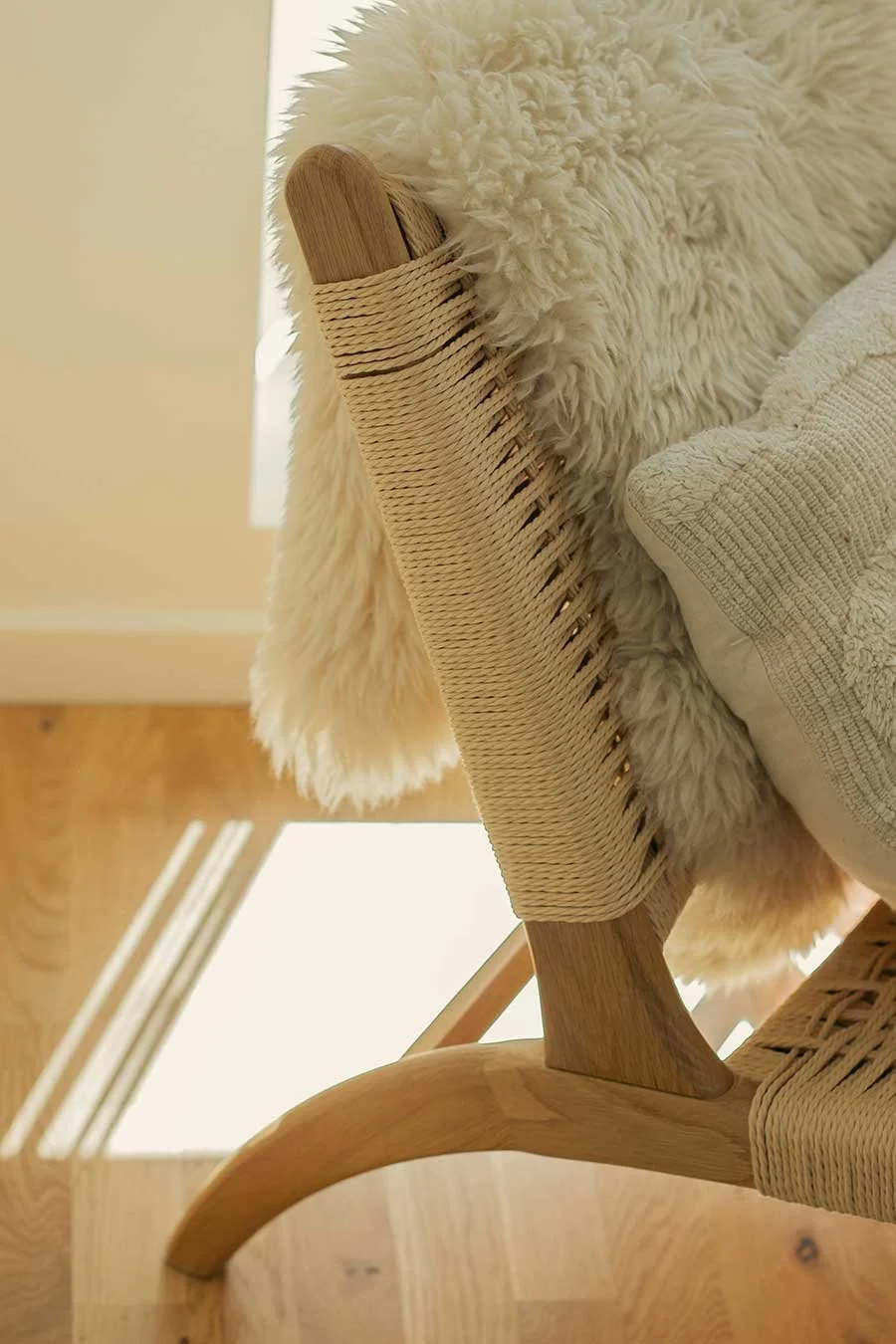 Mountain modern interior styling, chair with decorative fur thow