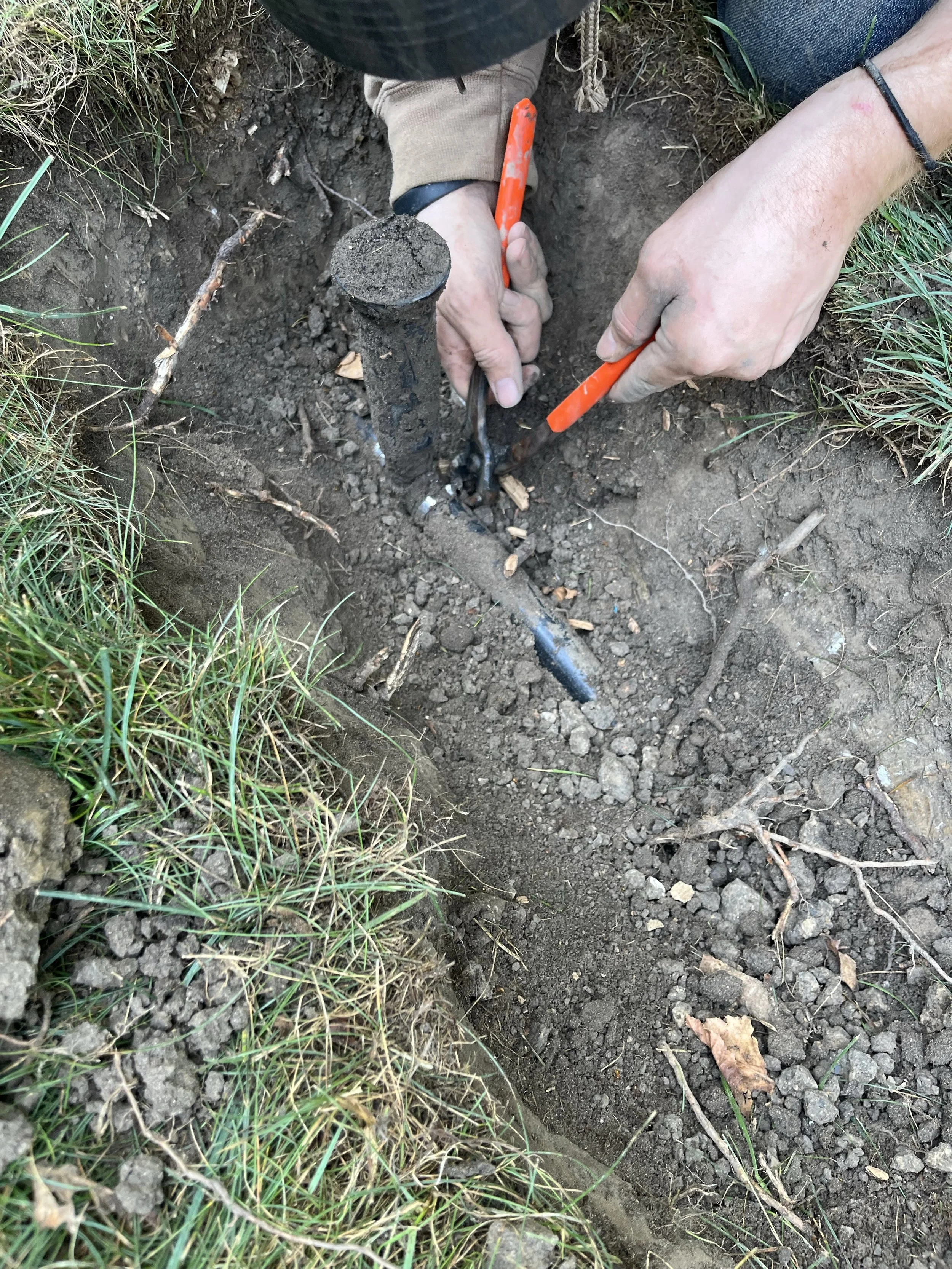 A person using a trowel to dig in the dirt surrounded by grass and small branches, with an exposed pipe in the hole.