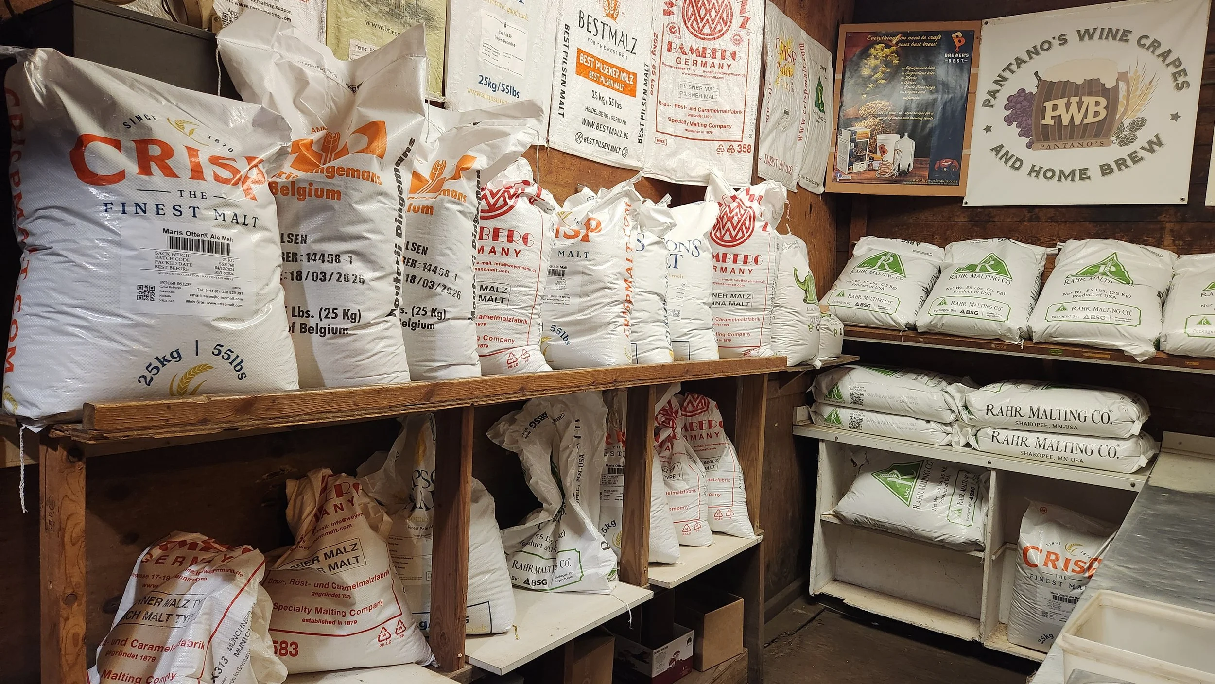 Beer making grain and malt bags stocked on Pantano's shelves