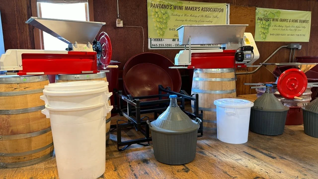Red grape crusher, buckets, and carboy for home winemaking
