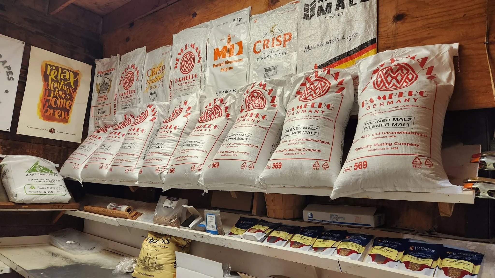Beer making grains and malt supplies on shelves at Pantano's