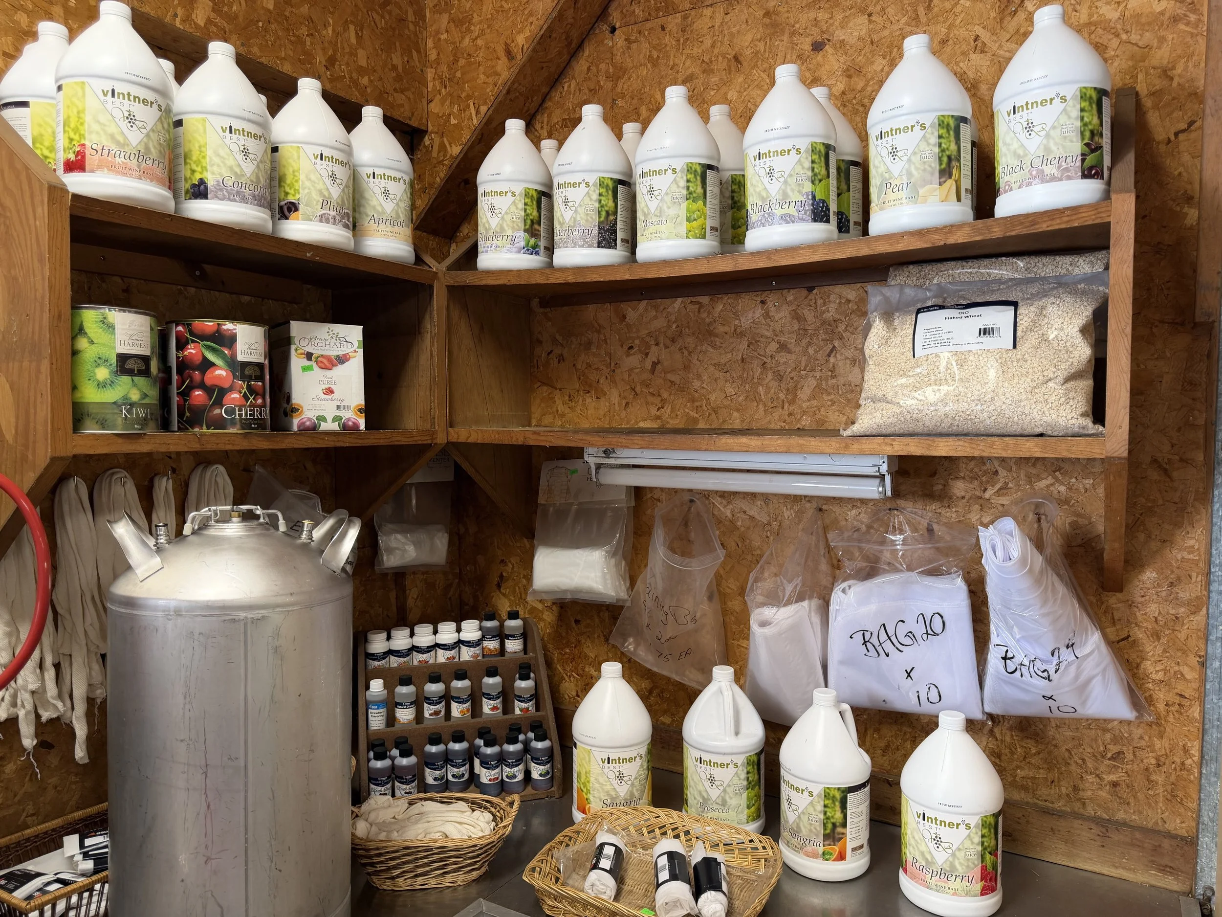 Cleaning products, additives, and homebrew supplies on Pantano's shelves