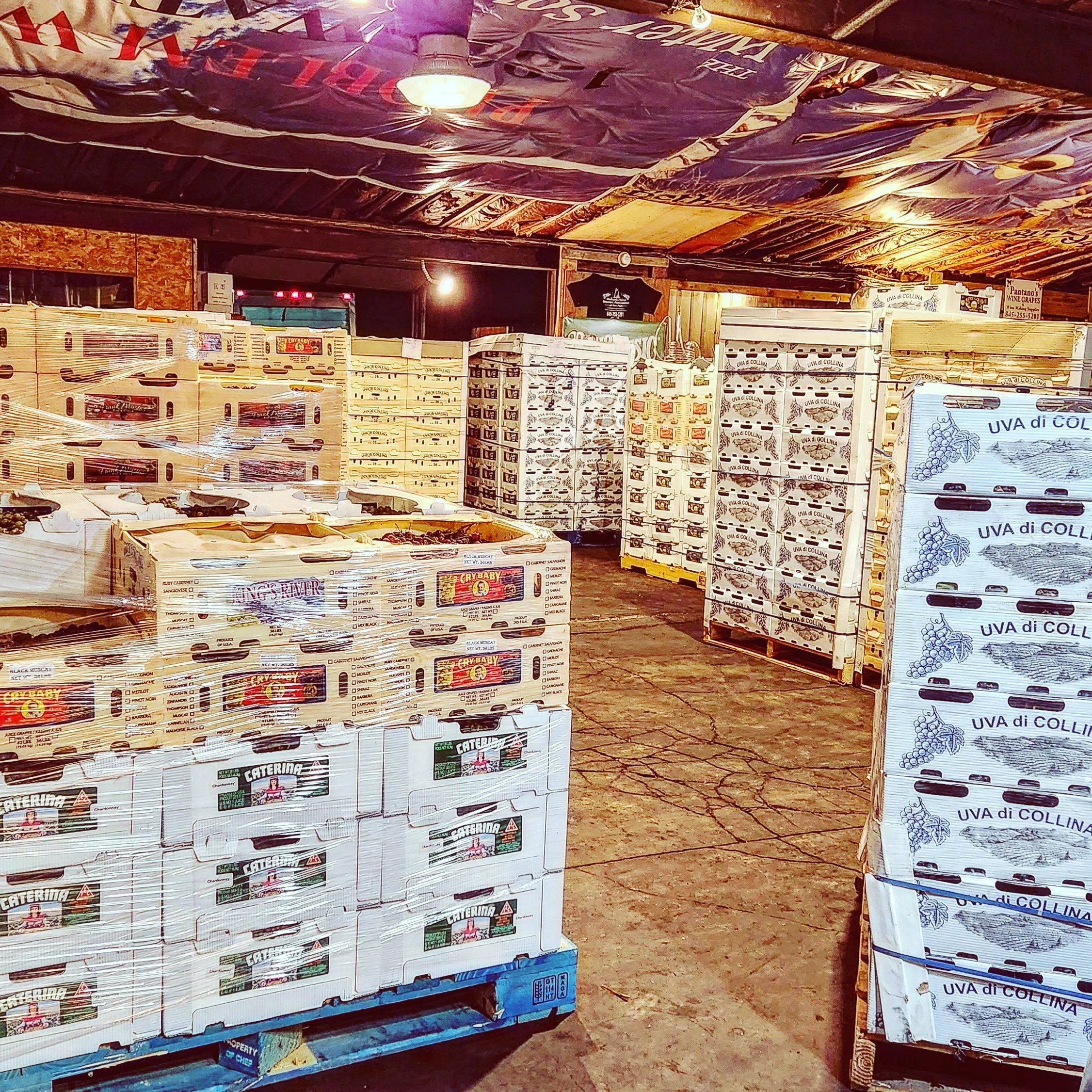 Pallets of boxed wine juice pails and winemaking supplies at Pantano's