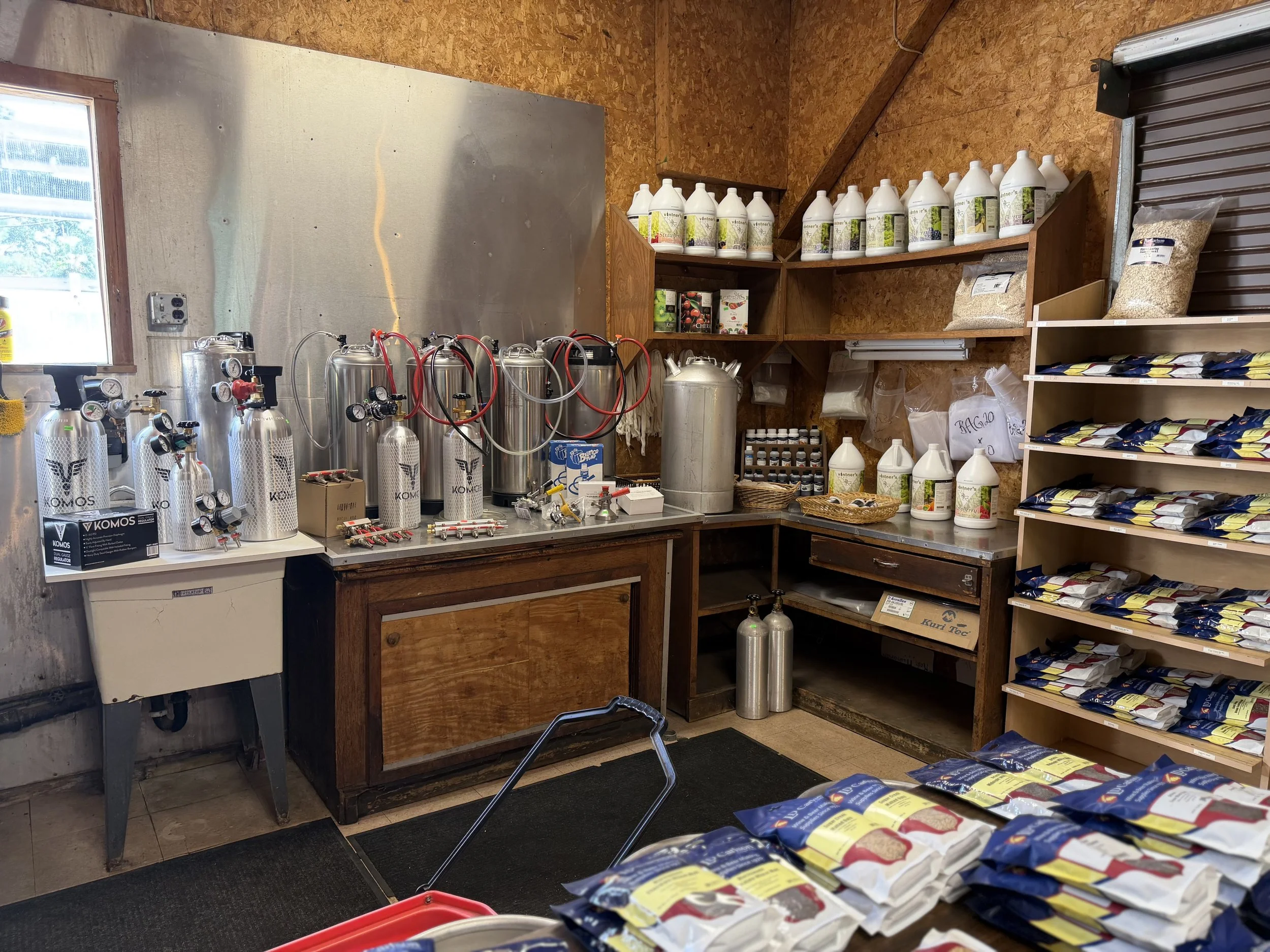CO2 tanks, regulators, and supply shelves inside Pantano's