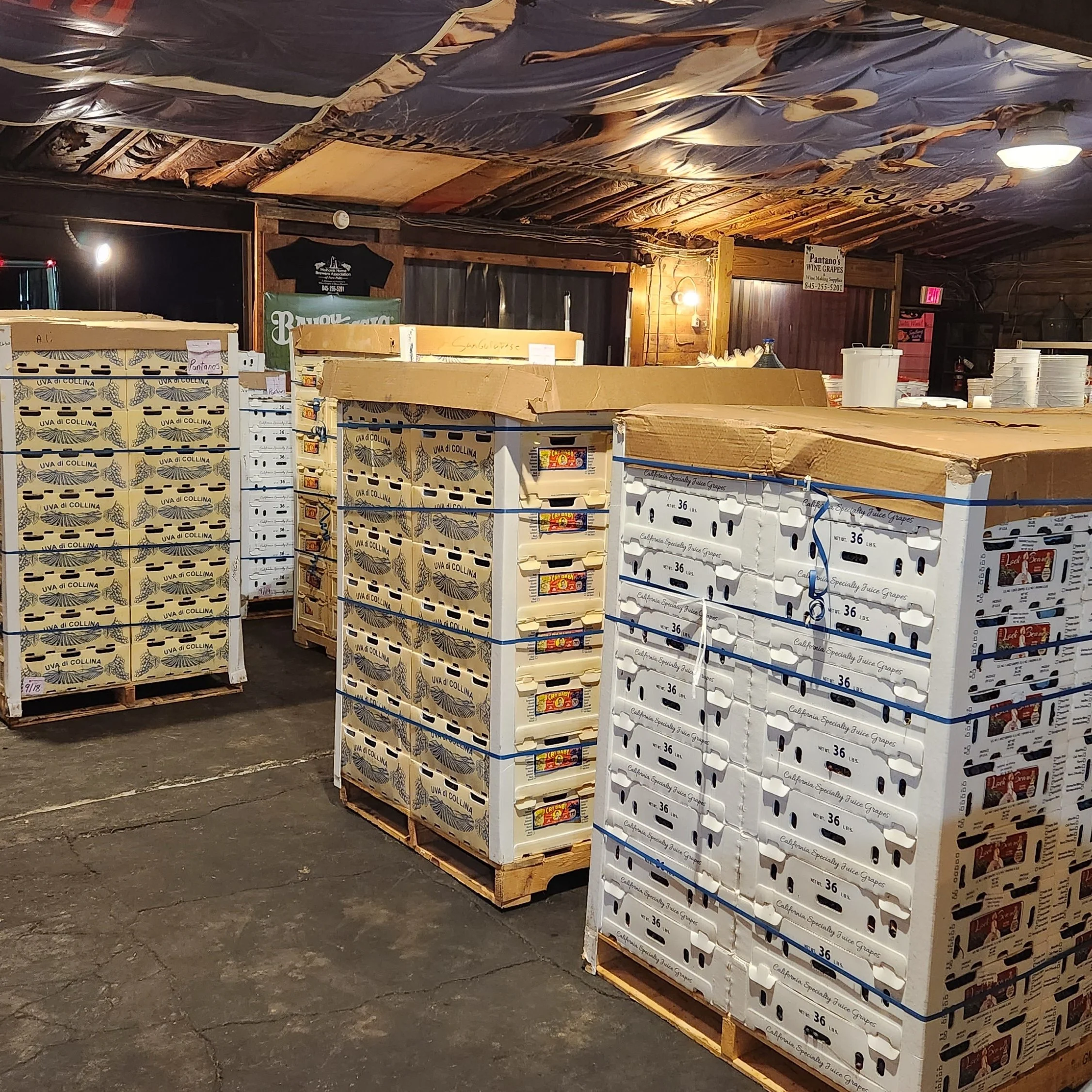 Stacks of cardboard boxes containing grapes in a warehouse. The boxes are labeled with grape variety and weight, and are arranged on wooden pallets. The ceiling is unfinished with insulation and exposed beams.