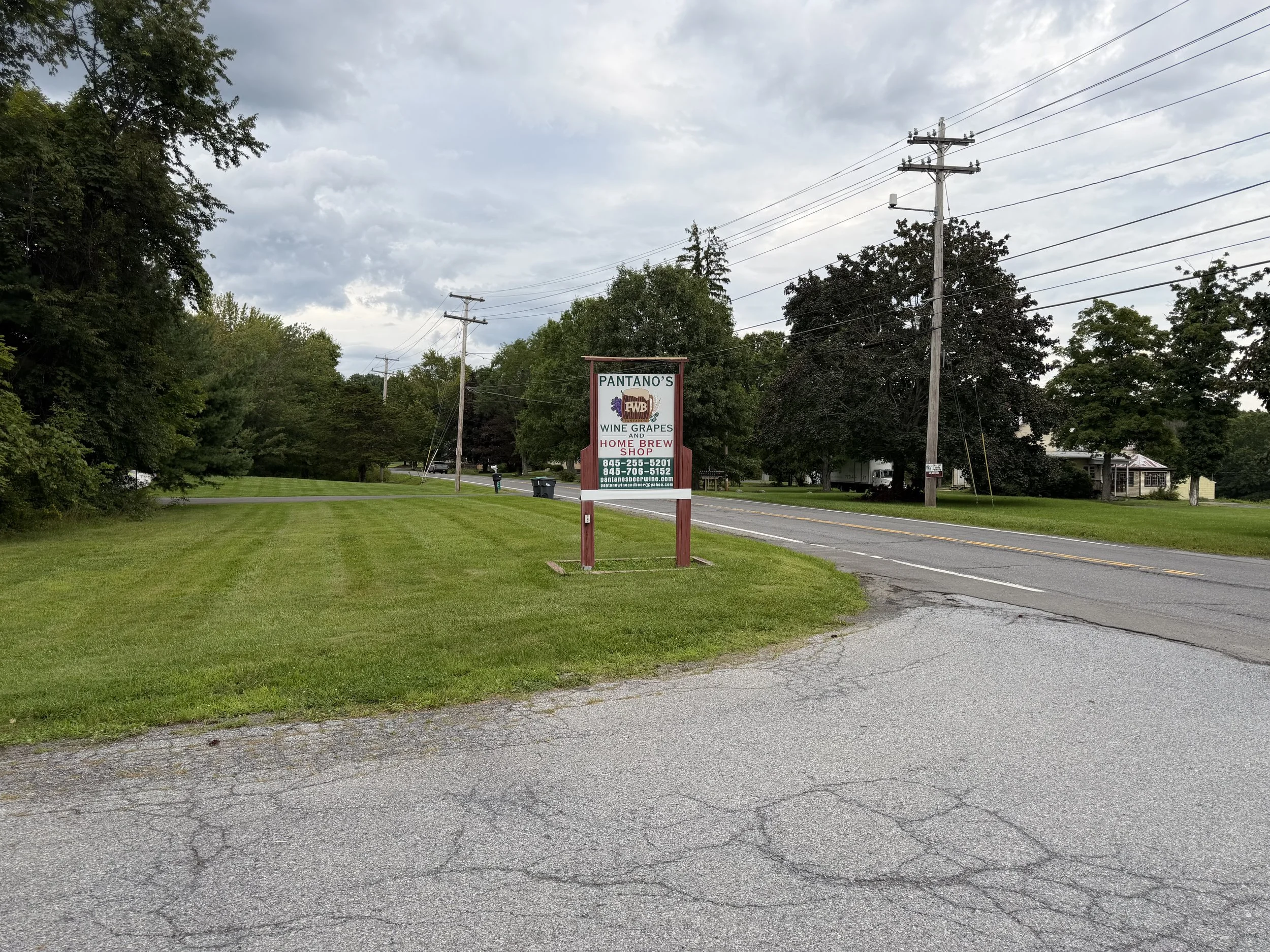 A street view showing a sign for Pantano's Wine Grapes and Home Brew Shop, electrical poles, a garage, trees, and a cloudy sky.