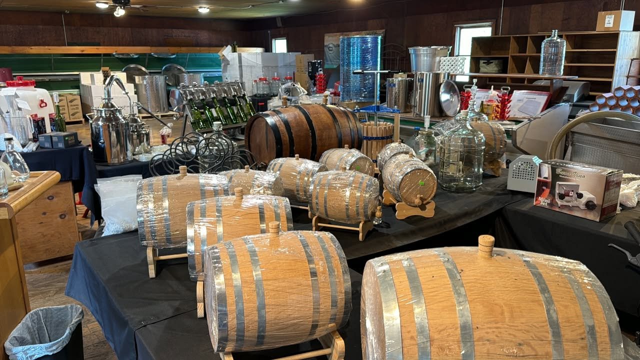 Barrels, distilling equipment, and winemaking supplies inside Pantano's