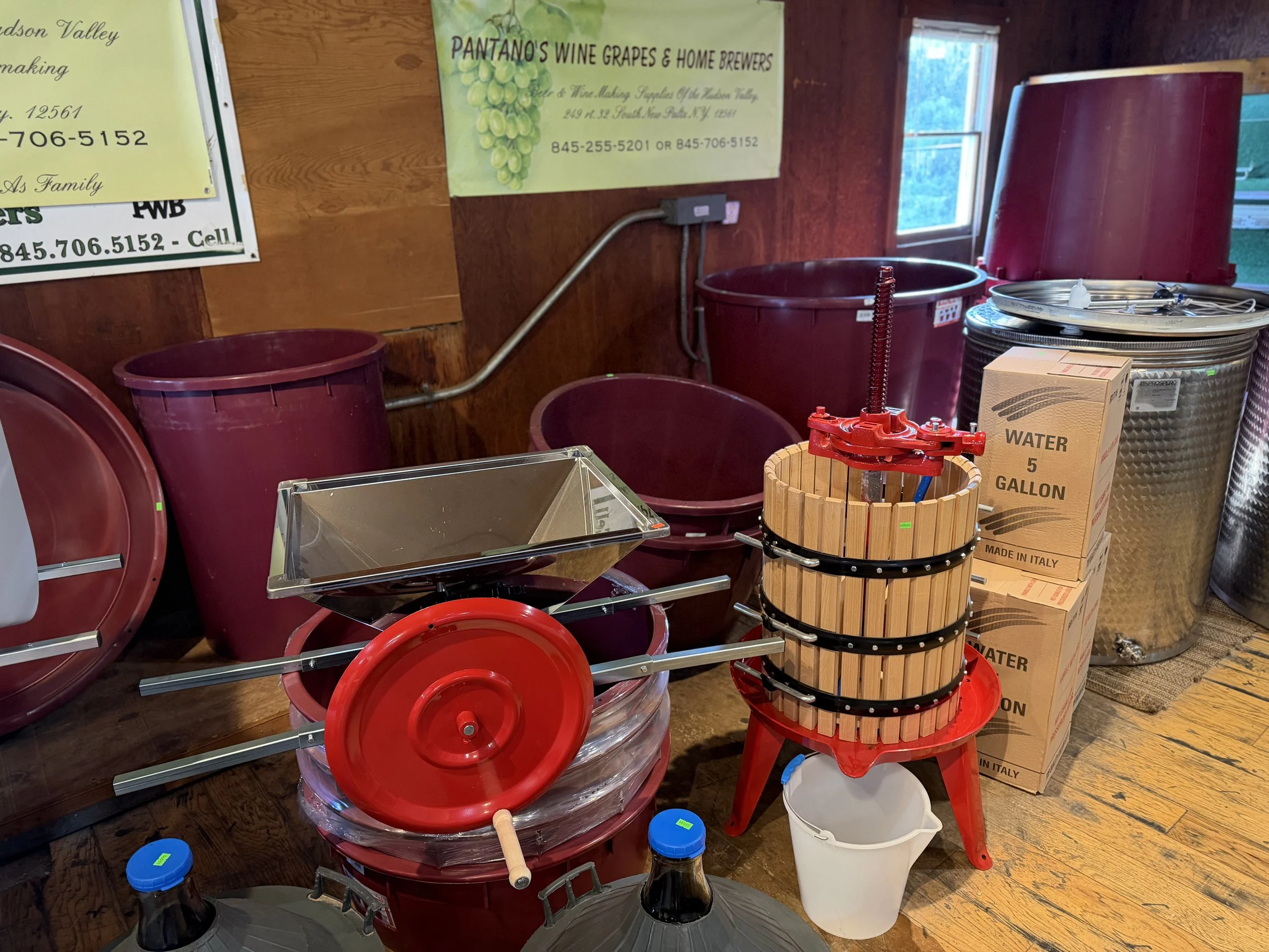 Fermentation tubs and wine making equipment inside Pantano's Wine Grapes
