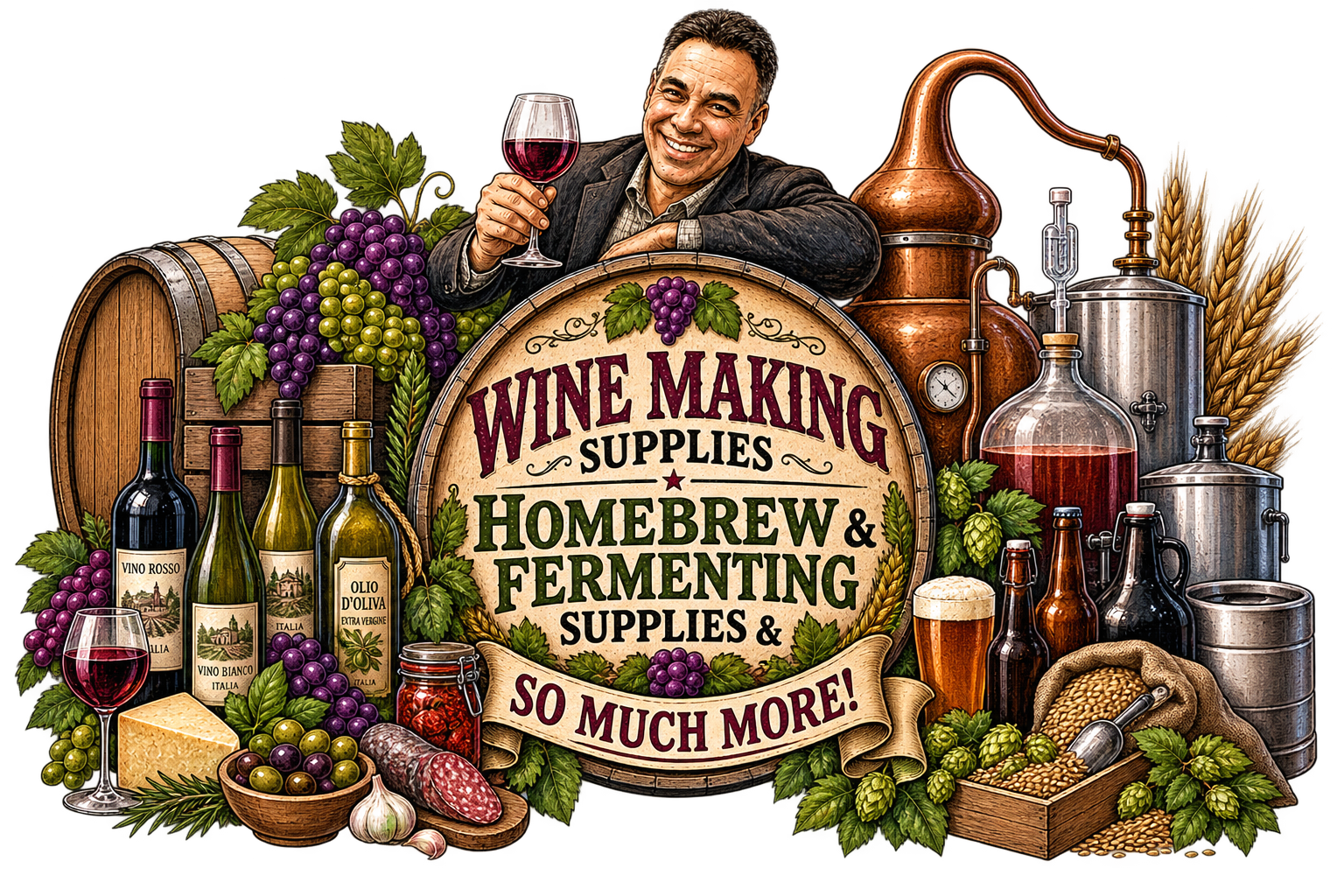 A smiling man holding a glass of red wine, surrounded by wine bottles, grapes, hops, and brewing equipment, with a central sign advertising wine making supplies, homebrew, and fermenting supplies.
