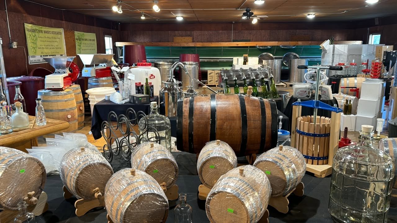 Shop floor filled with barrels and winemaking equipment at Pantano's