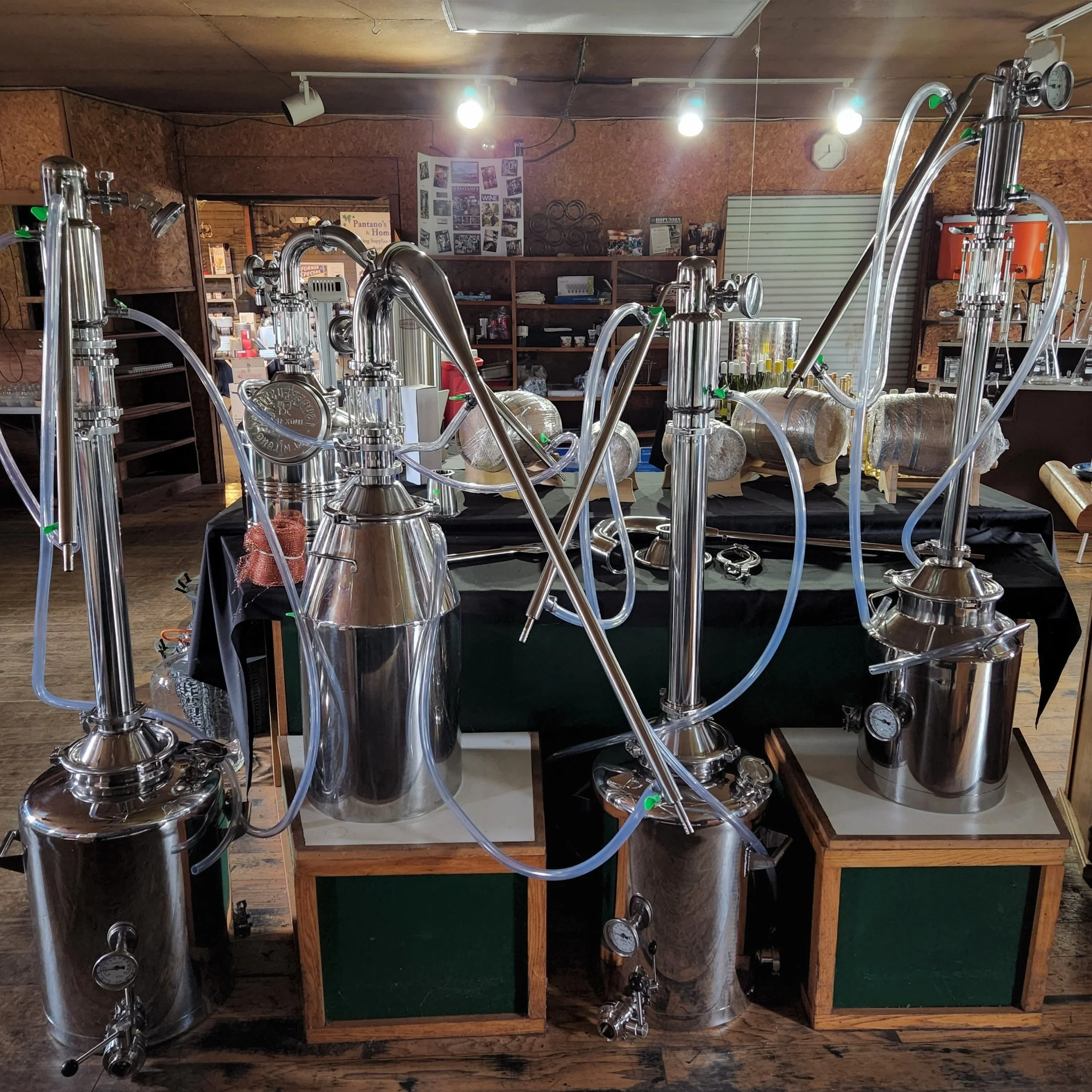 Stainless distilling equipment displayed at Pantano's Wine Grapes