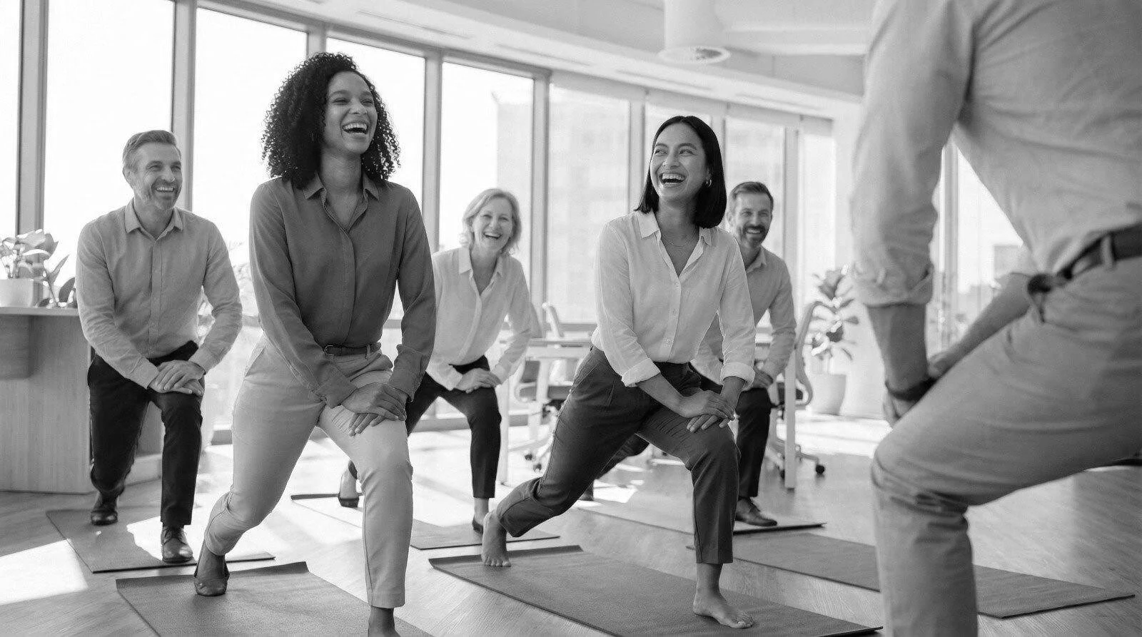 Groupe de personnes faisant du yoga dans un studio lumineux, riant et suivant un instructeur en position de guerrier.