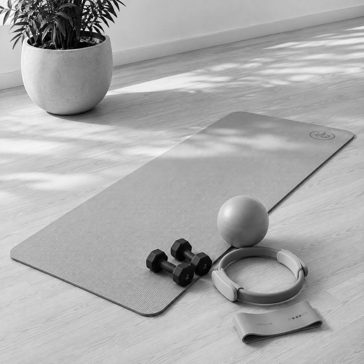 Tapis de yoga, haltères, ballon, et corde à sauter sur un sol en bois dans une pièce lumineuse.