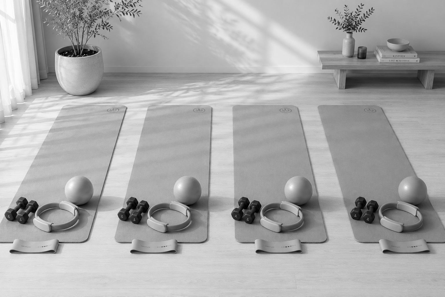 Quatre tapis de yoga alignés avec des balles, des haltères et des cercles de fitness placés dessus, dans une salle lumineuse avec une grande plante en pot, une étagère avec des livres et des vases.